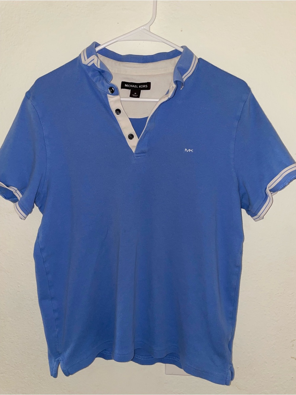 MK Michael Kors Greenwich Cotton Polo Sky Blue Striped Tipped Collar Medium
